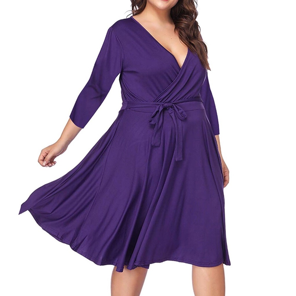 Plus size Purple V Neck Wrap Midi Dress,1-4X